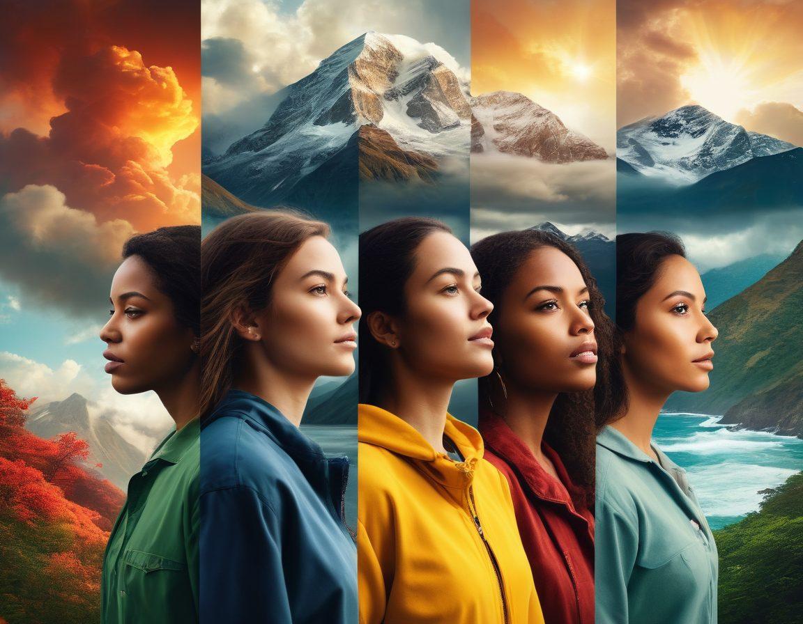 A powerful collage featuring diverse individuals, showcasing their resilience through various life challenges. Each person exhibits a strong expression of hope, standing against a backdrop of nature’s beauty symbolizing renewal and strength. Incorporate elements like sunlight breaking through clouds and symbolic representations of their journeys such as mountains or oceans. The color palette should evoke warmth and inspiration. super-realistic. vibrant colors. warm background.