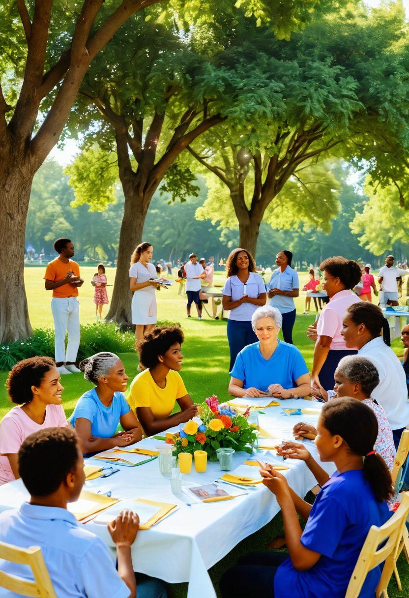 A serene community gathering in a park setting, featuring diverse individuals of different ages sharing health tips, surrounded by lush greenery and soft sunlight. Incorporate symbols of hope such as ribbons and flowers, alongside a central table with health resources and support literature. The atmosphere should convey warmth, support, and resilience. bright colors. illustration.