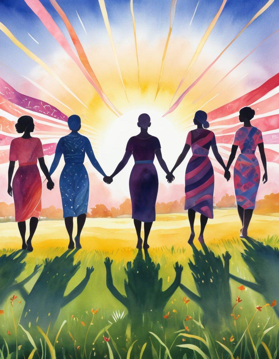 A compelling depiction of a diverse group of cancer survivors, each with unique stories, standing together symbolically in a sunlit field, holding hands and showcasing their strength. In the background, a vibrant ribbon pattern representing various cancers winds through the scene, symbolizing hope and solidarity. The atmosphere is filled with warmth and positivity, reflecting resilience and empowerment. watercolor style. vibrant colors.